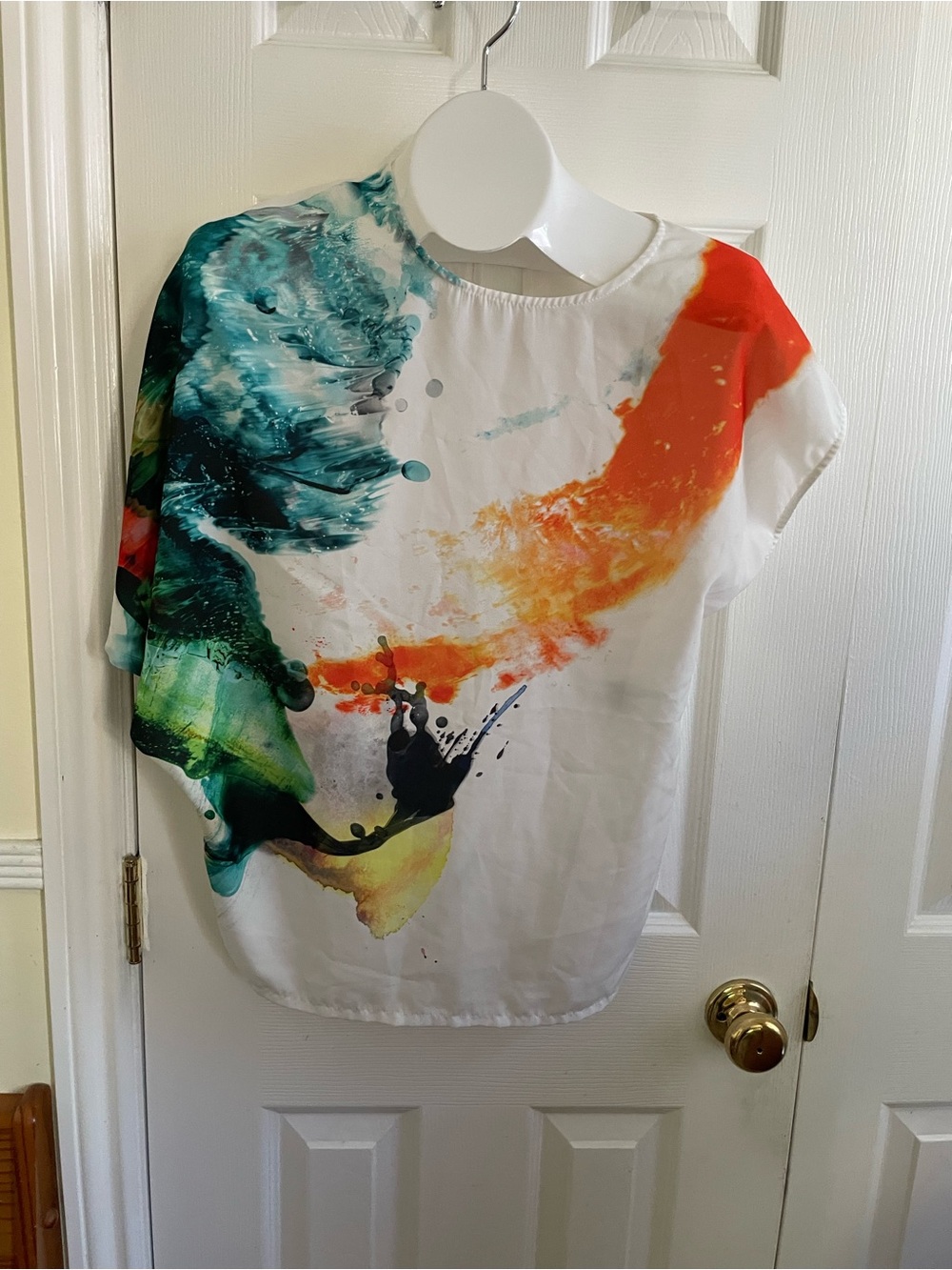 Zara White Blouse with Orange, Teal & Green Abstract Print